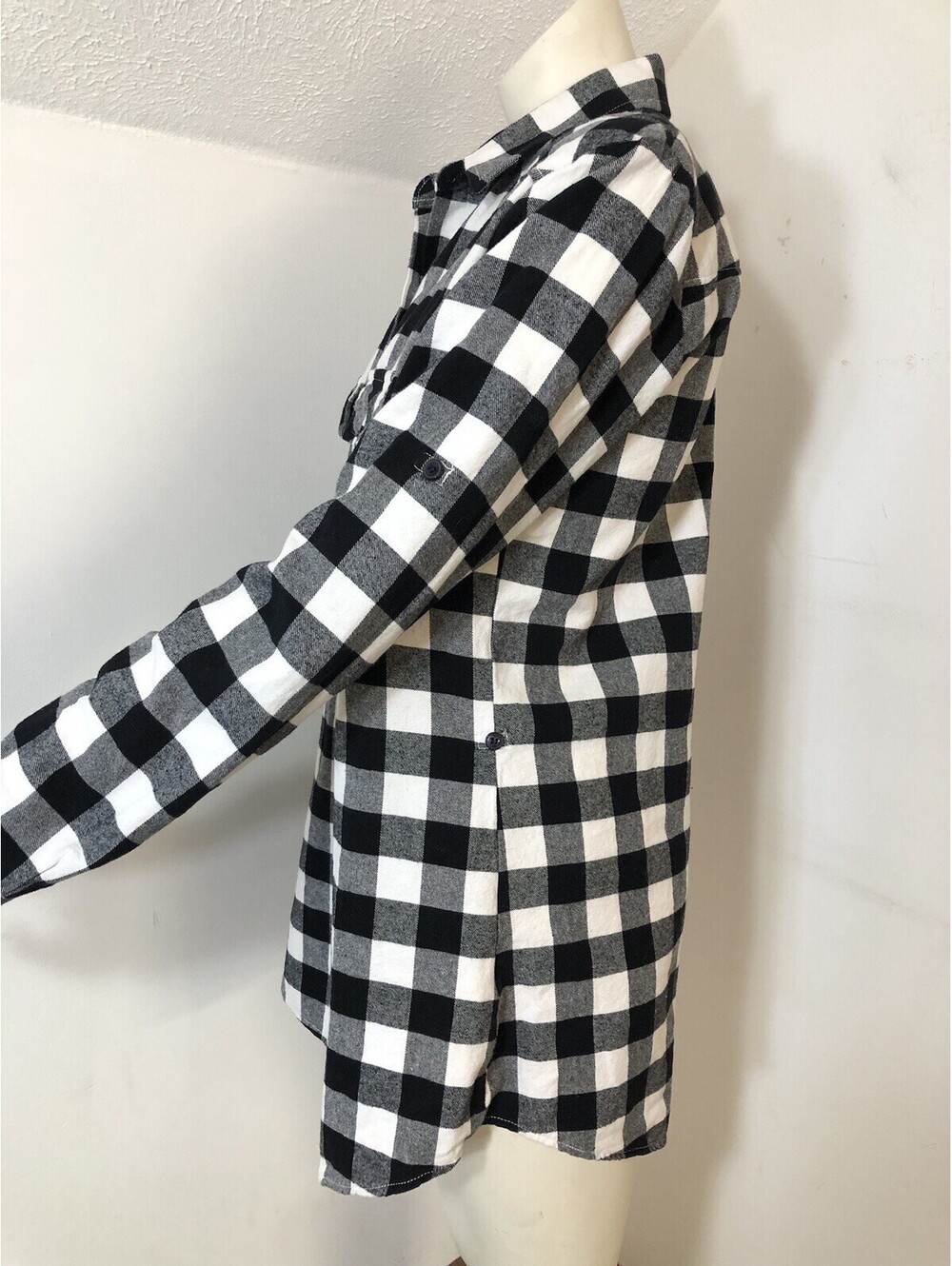Matchstick Womens Medium Flannel Shirt Black White Buffalo Check Roll Tab Sleeve - Picture 6 of 9